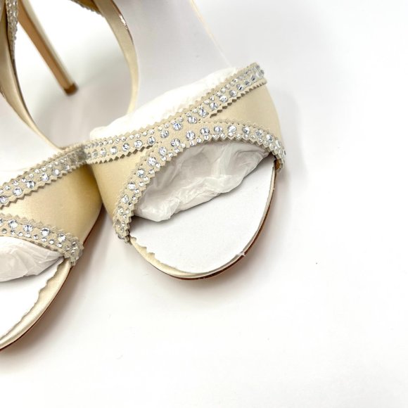 Badgley Mischka‎ Size 8 Roxy Jeweled Ivory Satin Open Toe Heels Pumps Shoes - Picture 5 of 13